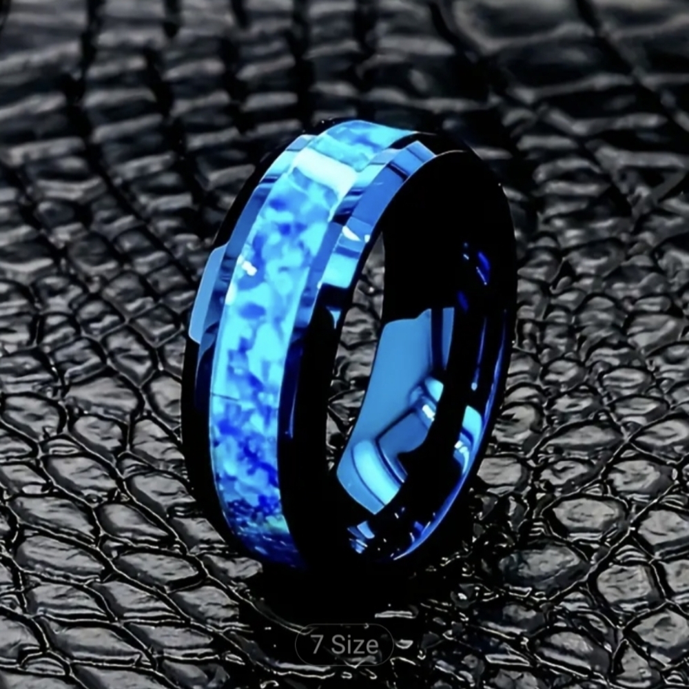 🆕Blue Tungsten Crushed Synethic  Turquoise Inlay UNISEX Wedding Ring - 8mm Sz 9